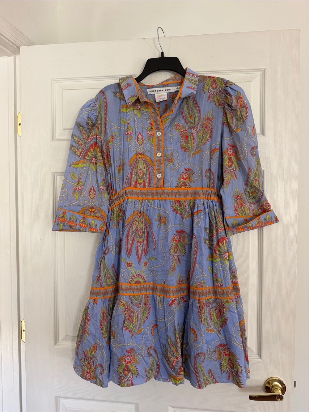 Gretchen Scott Designs Light Blue Paisley Cotton Tunic Dress with Orange Accents